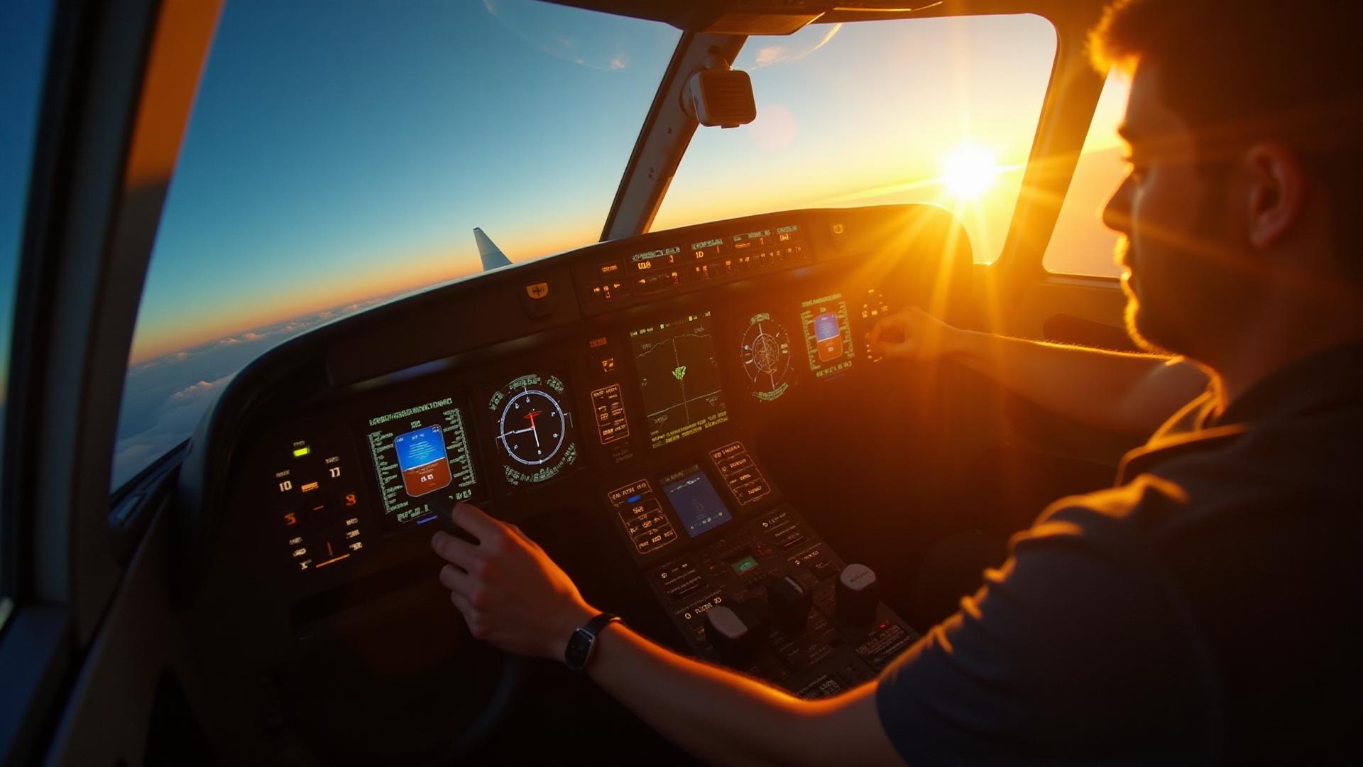 Dramatic high-altitude cockpit scene at sunrise, showing the view from inside an aircraft at 45,000 feet
