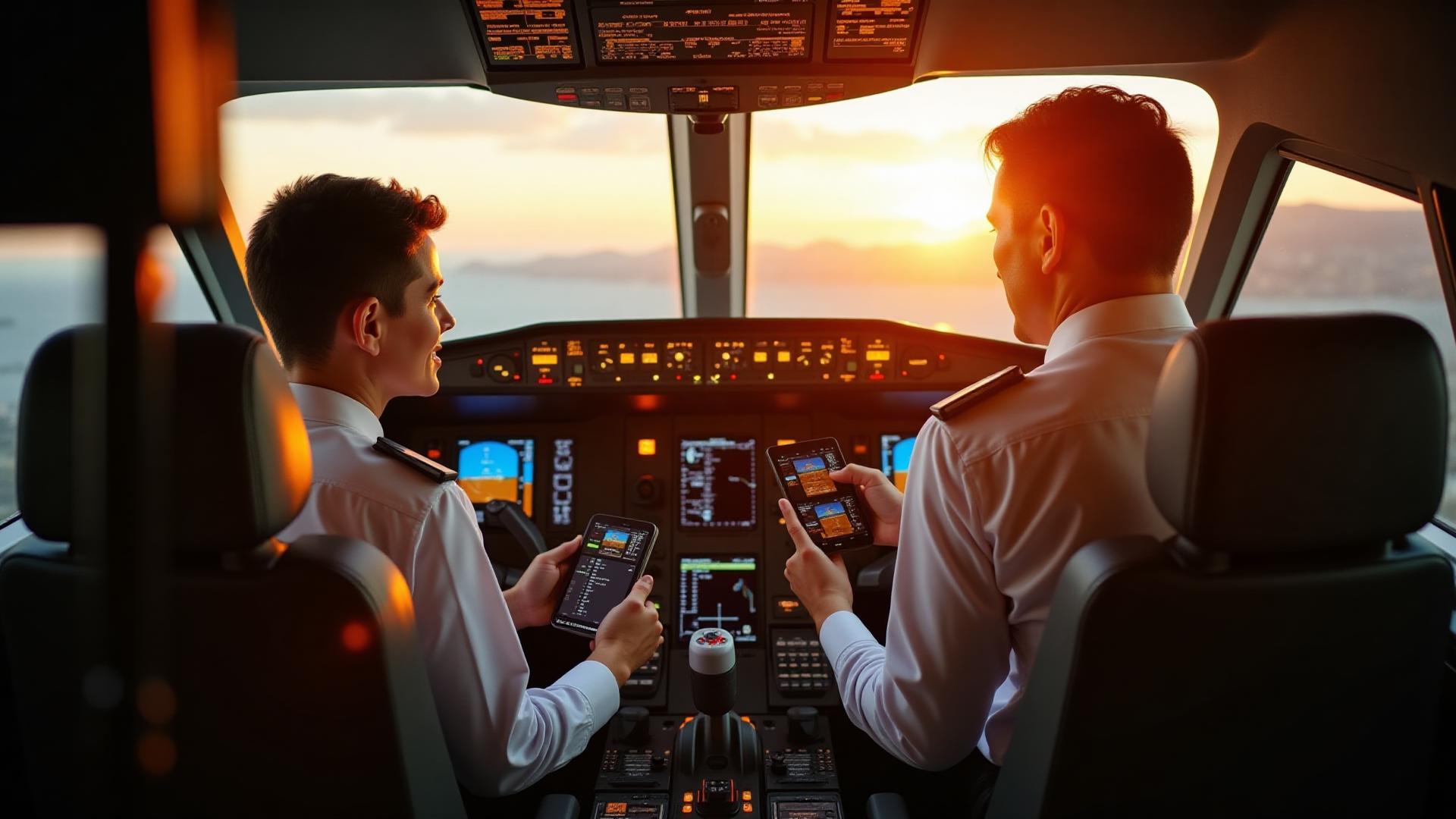Two pilots working together in Challenger cockpit during golden hour, demonstrating teamwork and collaboration
