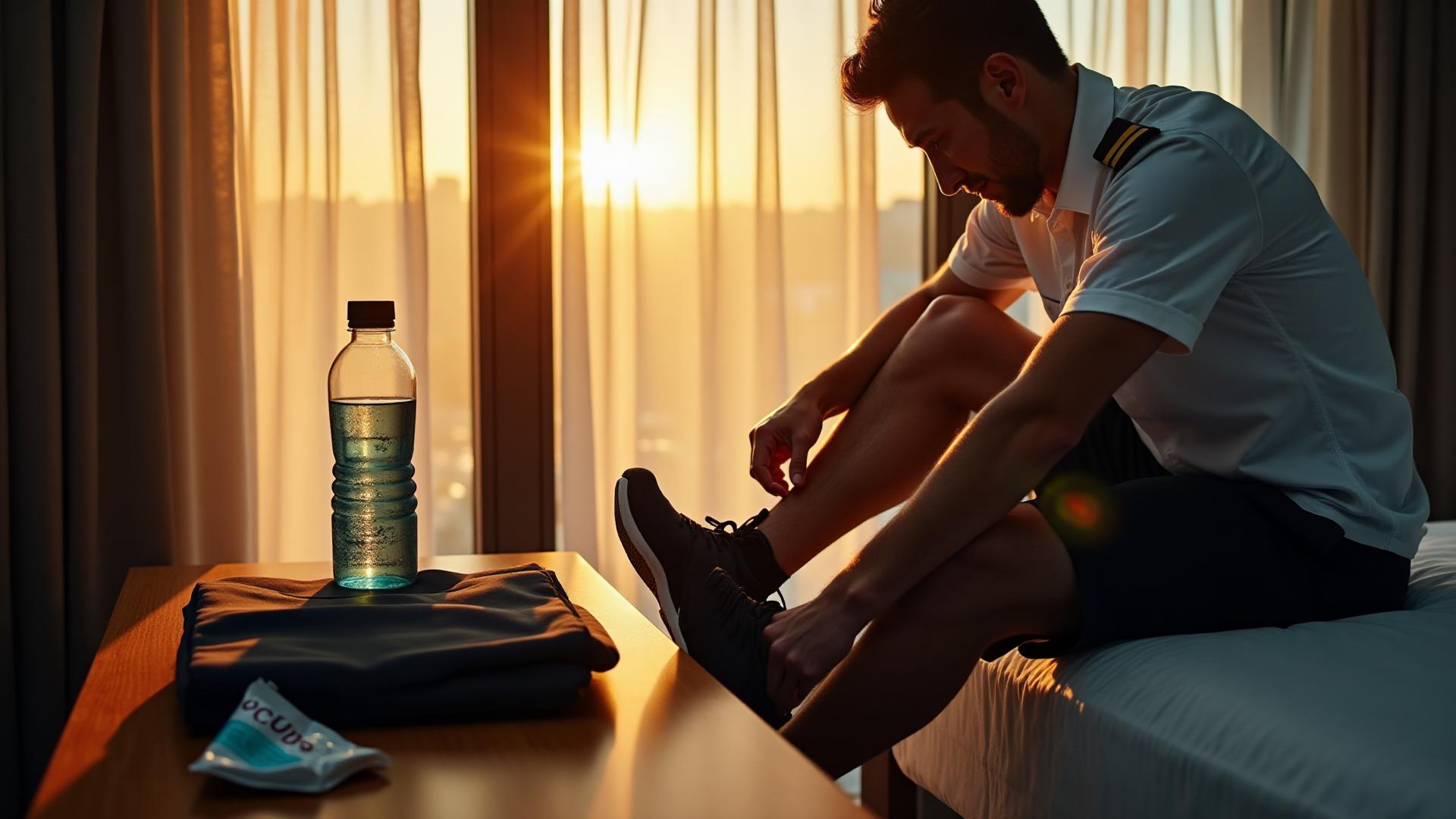 Pilot tying running shoes in hotel room at sunrise with uniform and healthy snacks