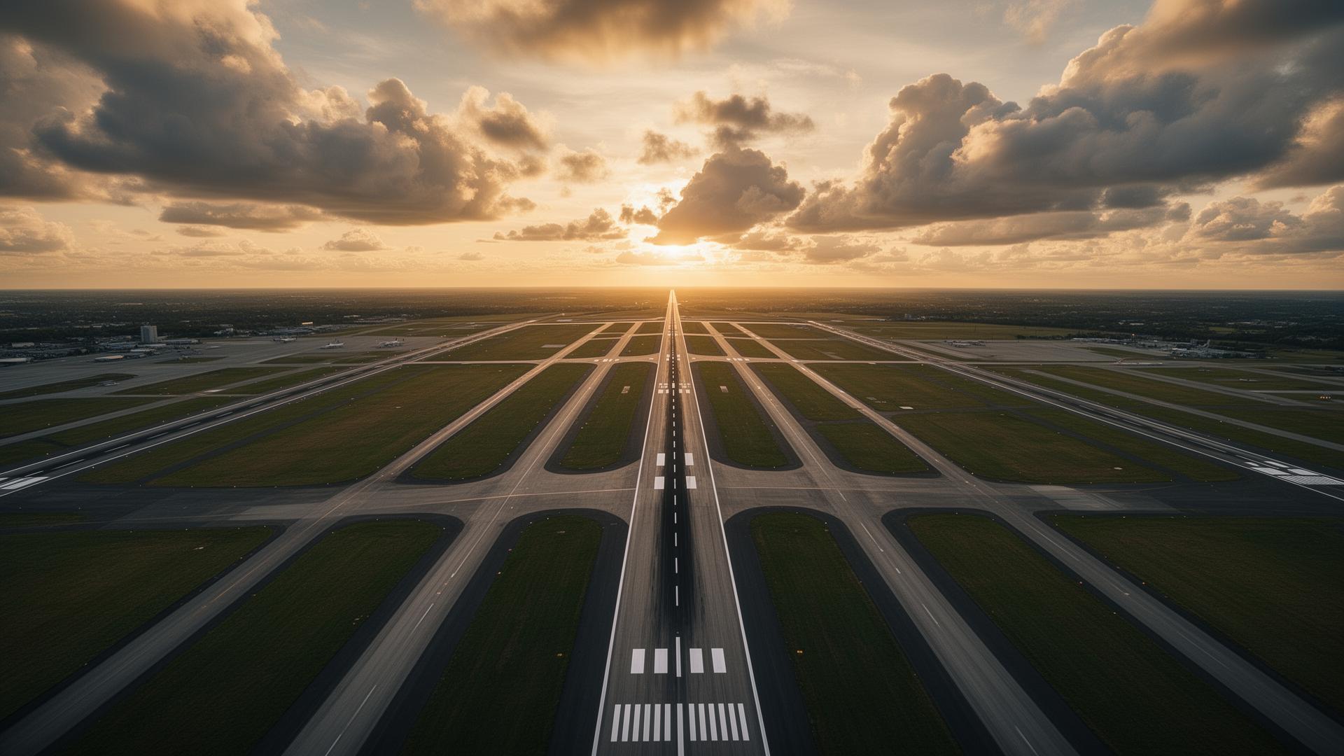 Aerial view of multiple airport runways converging toward a single destination point on the horizon at golden hour