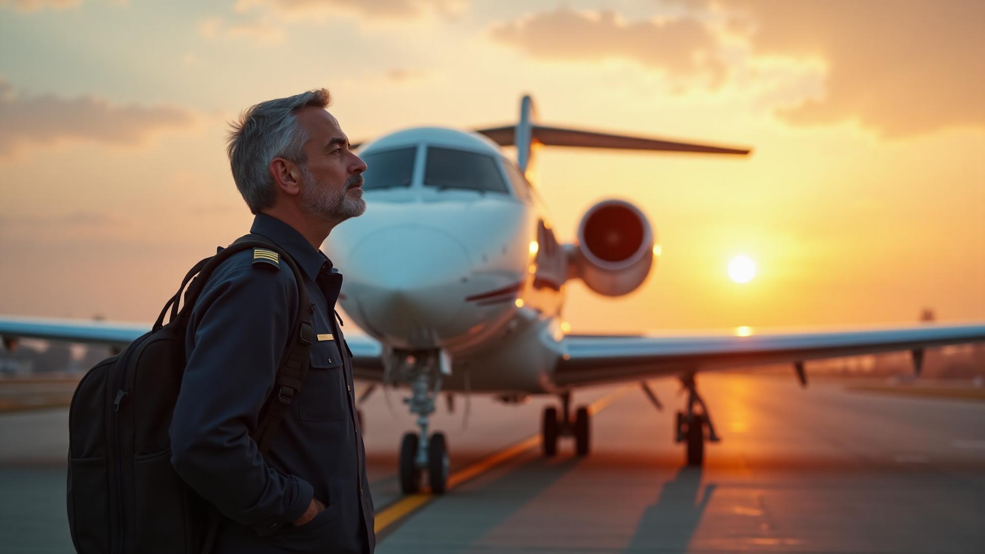 Pilot in their 40s standing beside business jet at golden hour