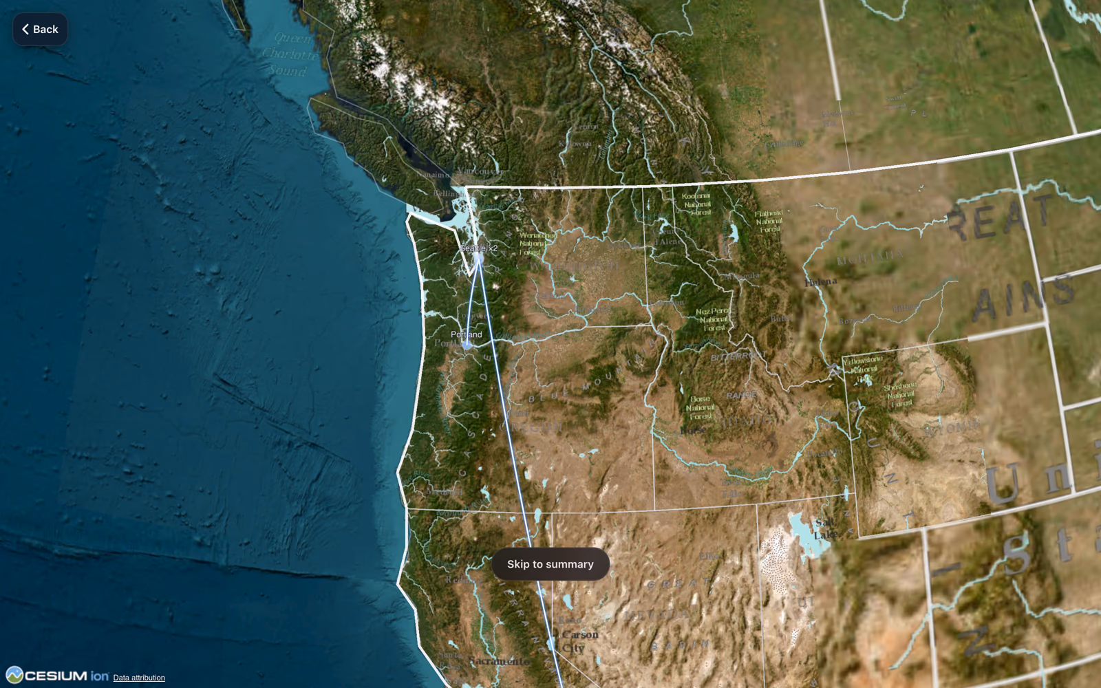 FlightReal replaying a route over the Pacific Northwest on the 3D globe