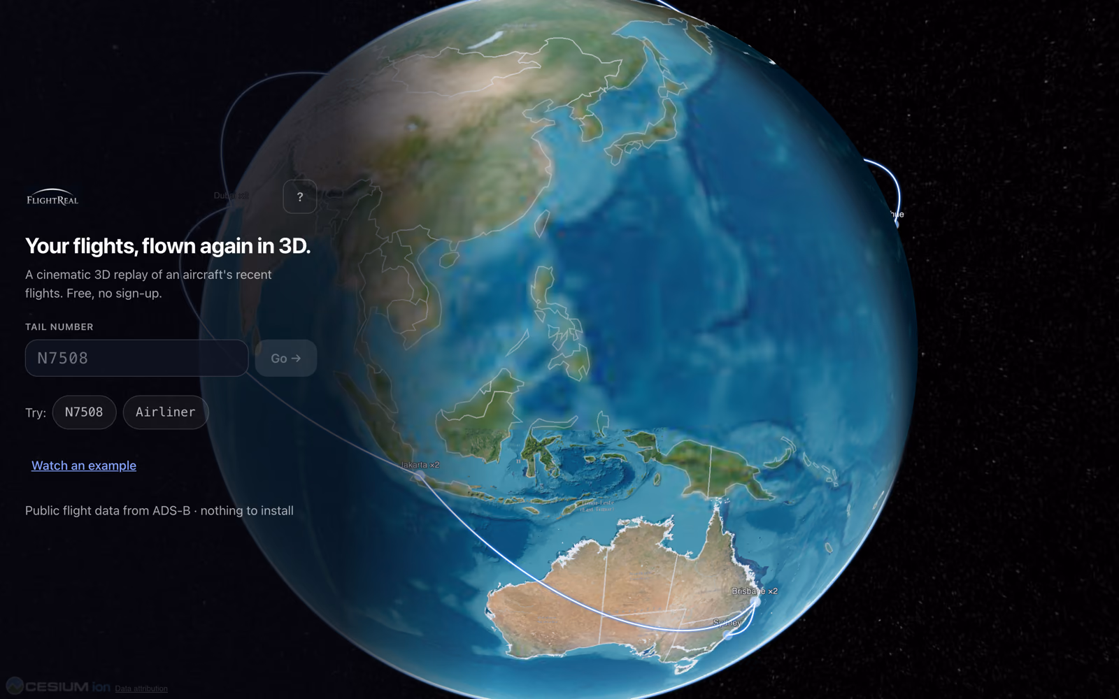 FlightReal landing page: a 3D globe with flight routes and a field to enter a tail number