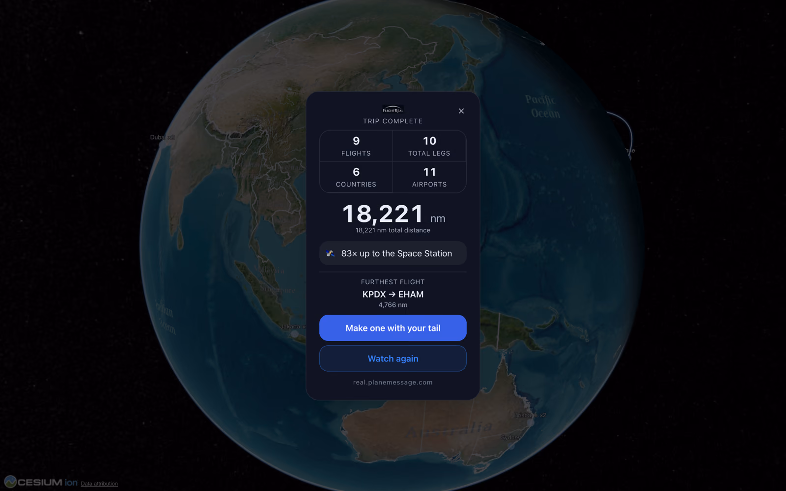 FlightReal trip summary card: flights, legs, countries, airports and total distance